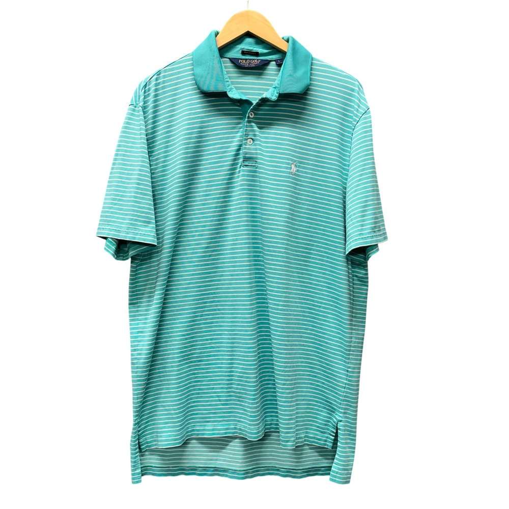 Ralph Lauren Polo Golf Shirt Mens Large Performance Striped Teal Blue Coastal